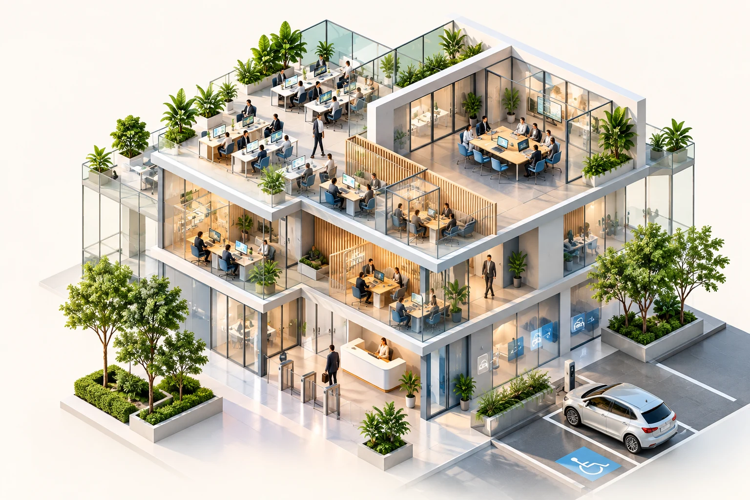 Contemporary workplace with workstations, meeting rooms and shared spaces